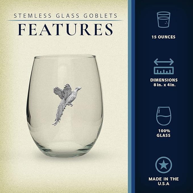 Heritage Pewter Pheasant Stemless Glass Goblets – Set of 2 | 15 OZ Goblet Wine Glasses | Expertly Crafted Pewter Glass