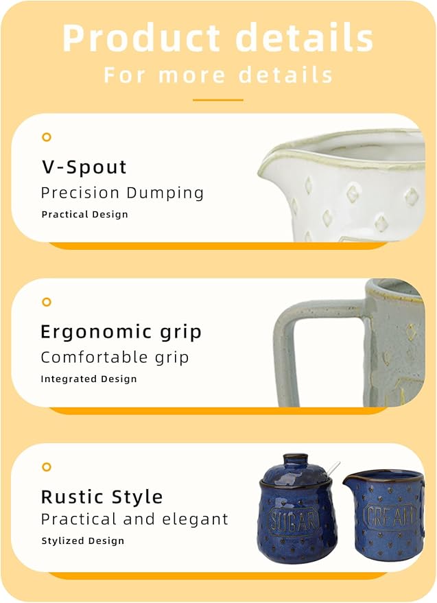 GDCZ Ceramic Sugar and Creamer Set, Milk Creamer and Sugar Container with Spoon, Coffee Serving Set with Sugar Bowl and Cream Pitcher, Set of 2 (Blue)