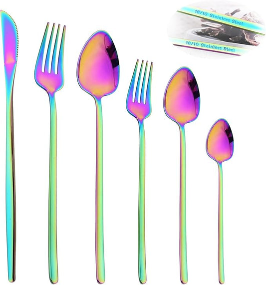 36-piece Rainbow 18/10 Stainless Steel Flatware Set, Resuable Cutlery Set For 6, Complete Tableware Set For Home Restaurant Wedding Party Daily Meal, Mirror Polish