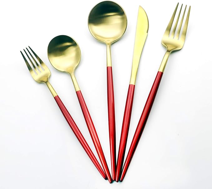 Gugrida Red Gold Flatware, Royal 5 Pieces Matte Black Handle 18/10 Stainless Steel Tableware Sets for 1 Including Forks Spoons Knives, Camping Silverware Travel Utensils Set Cutlery (Red Gold)