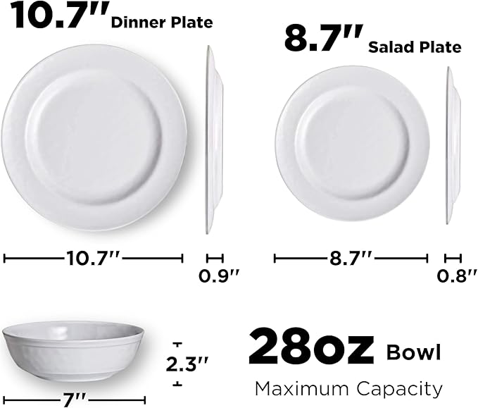 TP 12-Piece Dinnerware Set, Melamine Dishes Set with Bowls and Plates, Non-breakable and Lightweight Dinner Service for 4, White