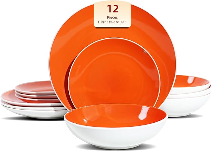 Stoneware Coupe Shape 12pc Dinnerware Set, Outside White + Inside Coral