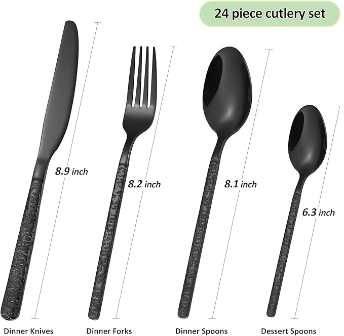 24 Pcs Black Hammered Silverware Set Service for 6,Stone Pattern Vintage Stainless Steel Flatware Set,Cutlery Utensil,Durable Kitchen Eating Tableware Set,Ripple Fork Knife Spoon Set,Dishwasher Safe