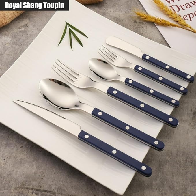 ABS Rivet Handle Marble Pattern Handle Kitchen Stainless Steel Silverware Tableware Flatware Cutlery Knives Forks Spoons Set,Butter Knife Dessert Spoon Fork (Blue,6 pieces)