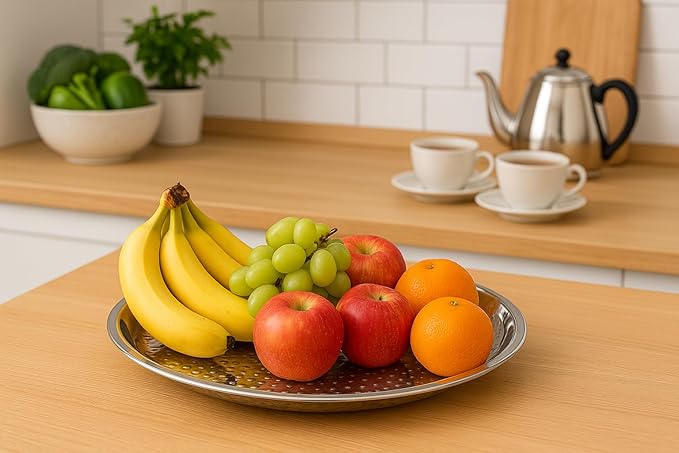 Set of 2 Stainless Steel Hammered Serving Trays – 11.5 Inch Round Platter for Fruit, Snacks, Tea – Mirror Finish, Rust-Proof, Dishwasher Safe – Kitchen & Gifting Tray Set