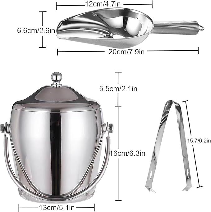 Ice Bucket Champagne Bucket with Tongs Scoop Lid, Double Wall Wine Bar Freezer Ice Bucket with Stand & Carrying Handle, Stainless Steel Mirror Bucket Champagne Bucket for Parties Bar Home,2L(Silver)