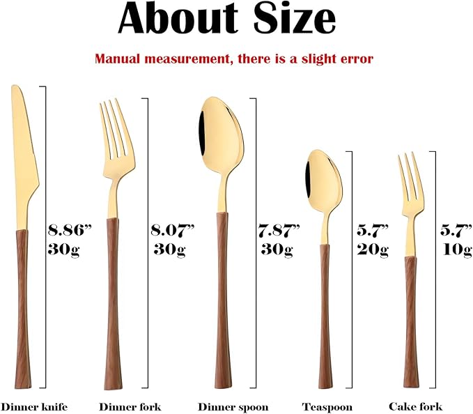 20-piece Stainless Steel Flatware Set with Wooden Handle, Wood Silverware Set for 4, Mirror, Dishwasher Safe, for Home Kitchen Travel - Small Waist Handle Gold