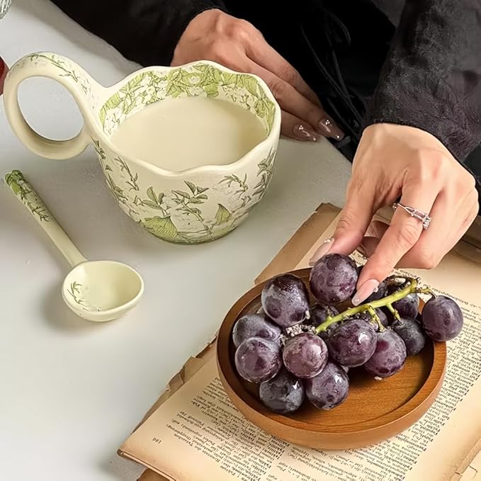 16.91oz/500ml Handpainted Soup Bowl with Handle,Ceramic Cereal Bowl Microwave & Dishwasher Safe,Loop Handle Bowl Great for Soup,Yogurt,Snack,Chip,Stew,Ice Cream,Coffee (Lily of the Valley)