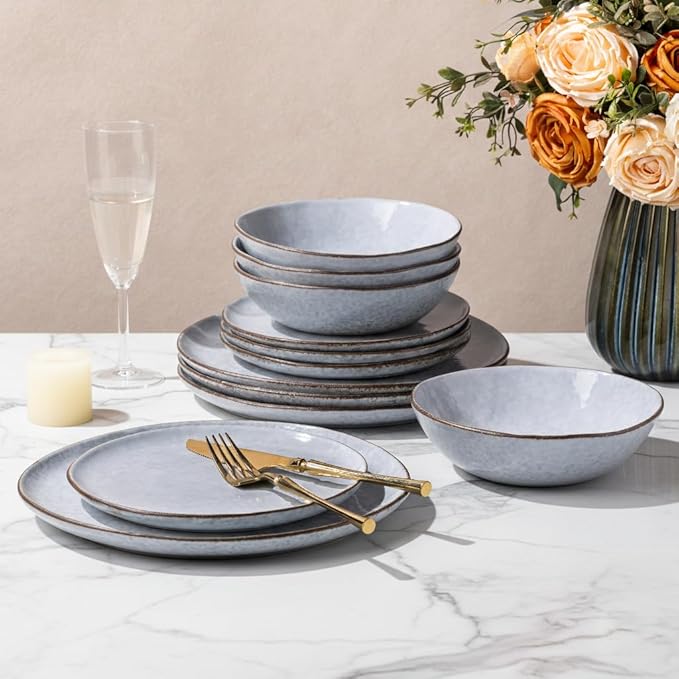 AmorArc Ceramic Dinnerware Sets,Handmade Reactive Glaze Stonewre Plates and Bowls Sets,Highly Chip and Crack Resistant | Dishwasher & Microwave Safe Dishes Set,Service for 4 (12pc)
