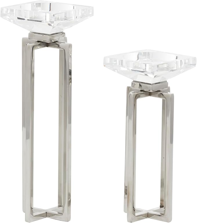 Deco 79 Stainless Steel Metal Geometric Decorative Candle Holder Candle Stand with Diamond Inspired Top, Set of 2 Candlestick Holder 10", 13"H, Silver
