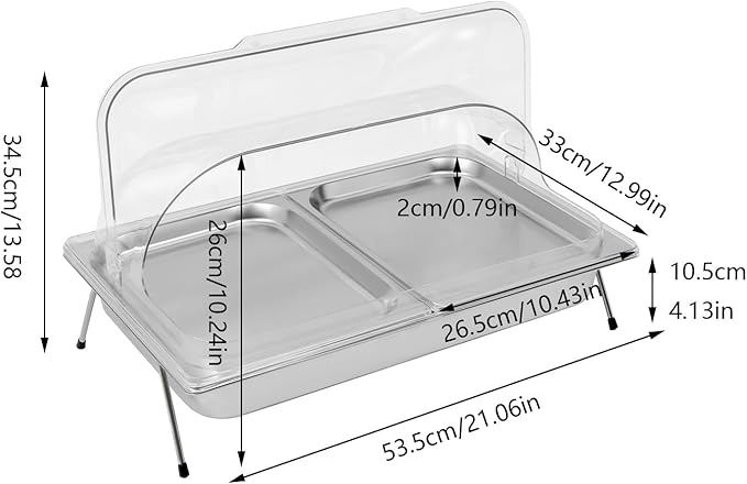 Silver Countertop Food Serving Display Container, 0.79Gal Stainless Steel Catering Supplies Buffet Display, Salad Fruit Trays Restaurant Containers with Lids (2 Pan-with 4 Non-slip Feet)