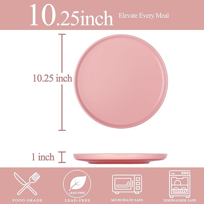 10.25-Inch Dinner Plates Set of 4, Dual Glaze Stoneware Plates, Microwave and Dishwasher Safe, Ceramic Plates for Everyday Dining, Pink