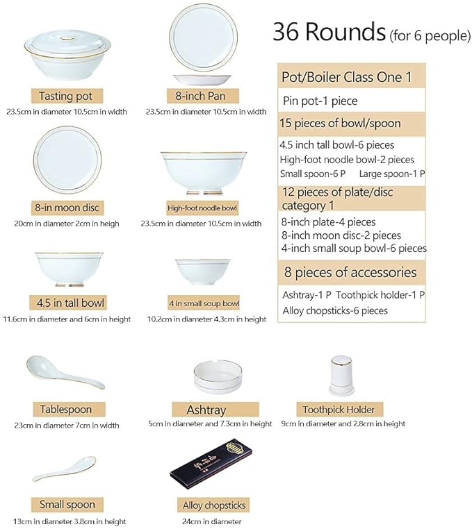 36Pcs Ceramic Dinnerware Set Bone China Dinnerware Dishes Plates Ceramic Combination Dinnerware Set Porcelain Service for 6, White with Gold Rim Luxury Bone China Dinnerw-Round