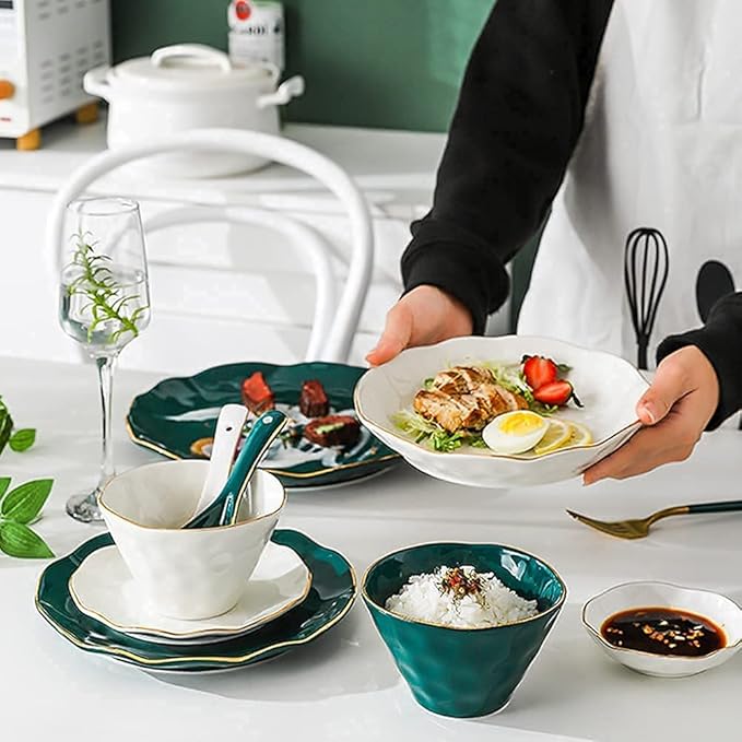Dinnerware Sets, Tableware Set, Nordic Minimalist Style Plate and Bowl Sets, Green and White Mixed Ceramic Dinnerware Sets, Irregular Underglaze Kitchen Plate Set