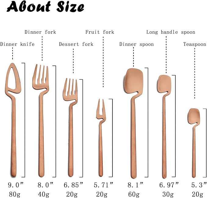 JASHII 28-Piece Silverware Set, 304 Stainless Steel Flatware Cutlery Set Service for 4, Metal Eating Utensil Set, Including Fruit Fork and Ice scoop, Hangable & Matte - Dishwasher Safe - Rose Gold