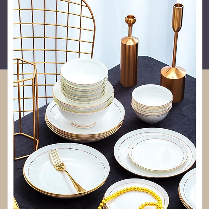 36Pcs Ceramic Dinnerware Set, White with Gold Edge, Luxury Tableware Set for 6,