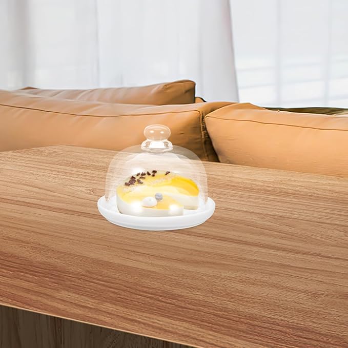 DOITOOL Ceramic Cake Stand with Glass Dome Cover White Ceramic Cake Plate Server Round Clear Glass Dome Dessert Plate for Home Kitchen Party Use, 5.9 x5.9 x 4.7 inches