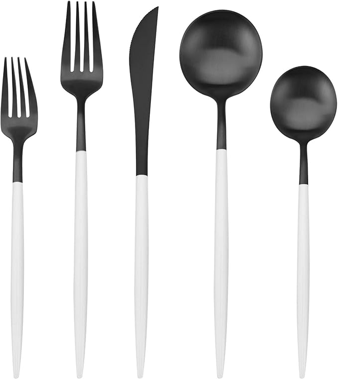 Matte Black Silverware Set with white handle, Bysta 5-Piece Stainless Steel Flatware Set, Kitchen Utensil Set Service for 1, Tableware Cutlery Set for Home and Restaurant, Dishwasher Safe