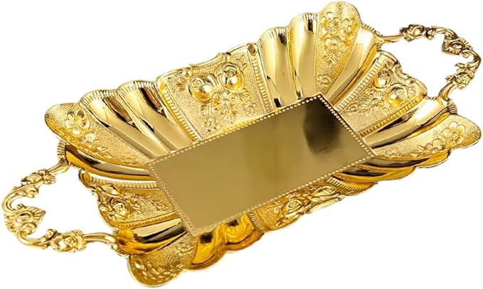 Metal Serving Tray with Handles 11.02x5.51x2.05inch European Style Mirror Fruit Plate for Candy Cupcake Dessert Bar Countertop Table Centerpiece Decor- Gold