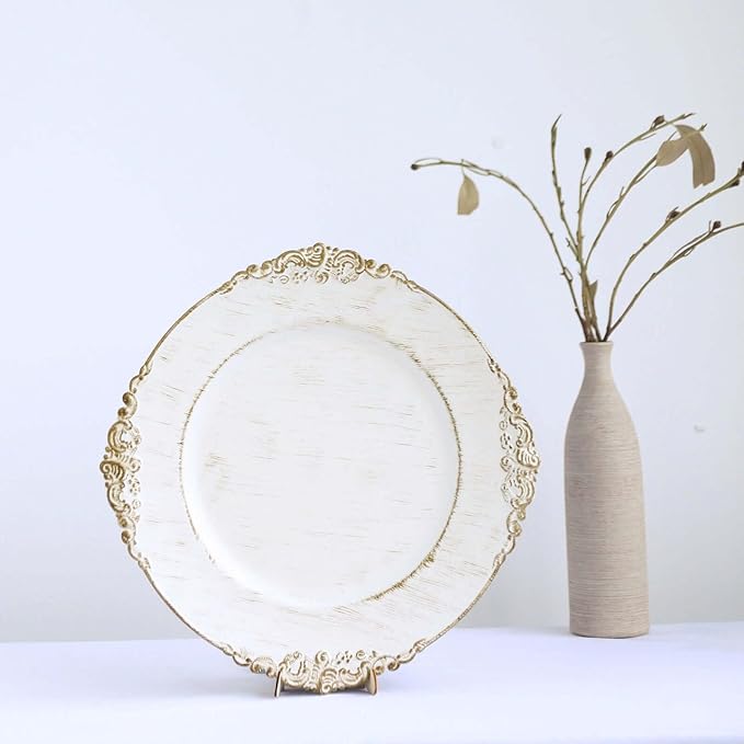 13" Charger Plates -Set of 24 - Acrylic White Round Baroque Disposable Chargers Leaf Embossed Rim, Ideal for Dinner Party Wedding Bulk Events