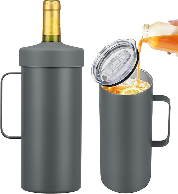 2 IN 1 Wine Chiller Single Bottle and Travel Tumbler, 42oz Stainless Steel Iceless Cooler Wine Bottle, Insulated Mug with Lid, Keep Wine Cold up to 6 Hours Fits Most Wine Bottles Gift for Wine Lovers