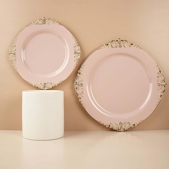 10" Dinner Plates -Set of 30 - Plastic Blush Round Baroque Disposable Chargers Leaf Embossed Rim, Ideal for Dinner Party Wedding Bulk Events