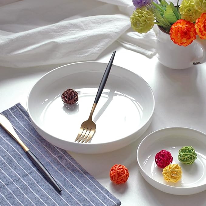 Ceramic Dinner Plate and Food Serving Dish 21cm Glossy White Shallow Bowl for Western Cuisine Pasta Breakfast Appetizer Plates Household Tableware