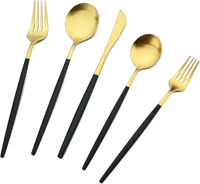 30-piece Black and Gold Silverware Set with Steak Knives for 6, 18/0 Stainless Steel Flatware Cutlery Set, Hand Wash Recommended,Matte Finished