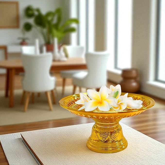 Decorative Pedestal Tray 5 Inch – Traditional Thai Offering Tray with Flora Design for Home, Temple, or Spa Display (Gold,12cm)