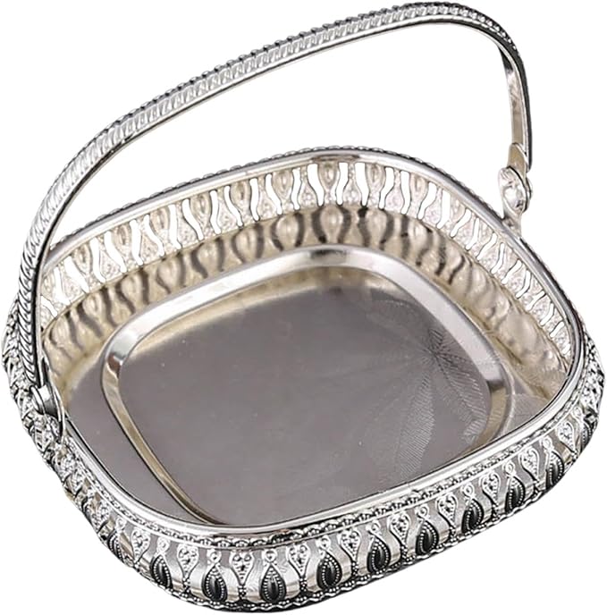 Retro Square Fruit Tray with Handle, Candy Serving Plate, Dry Nut Dish, Snack Dessert Storage Plate, Decorative Fruit Bowl for Parties, Family Gatherings, Bars and Cafes