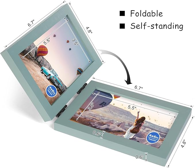 4x6 Double Hinged Picture Frame Folding Photo Frame Vertical and Horizontal in Teal Blue Pine Wood with Real Glass for Tabletop P-LAN-SH46