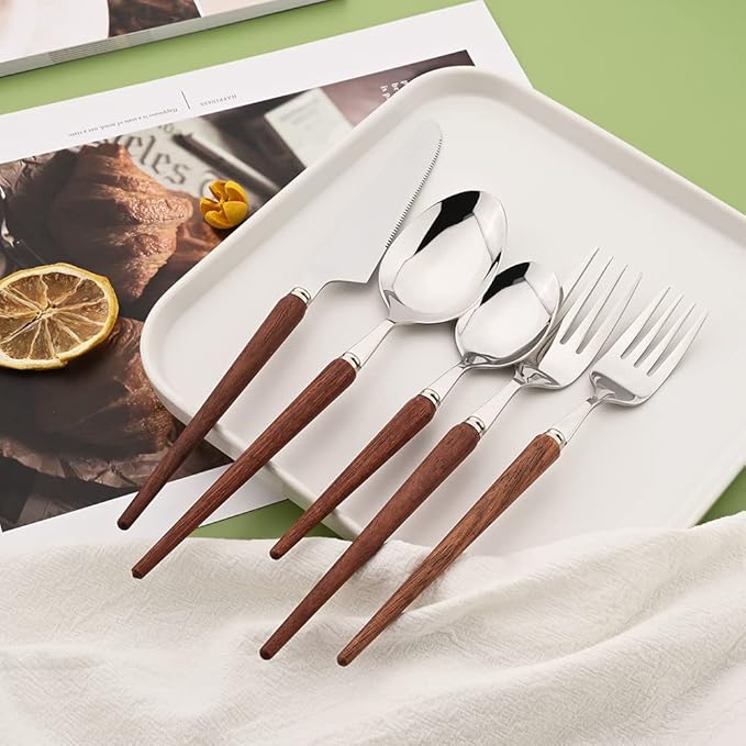20-Piece Wood Handle Silverware Set 304 Stainless Steel Flatware Set Service For 4, Forks Spoons and Knives Set for Home, Restaurant, Wedding, Party (Rosewood)