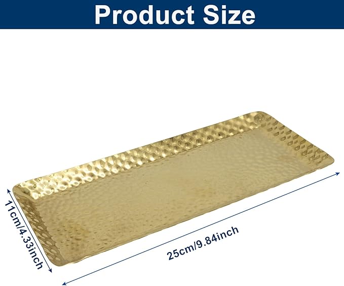 Gold Hammered Rectangular Platter Serving Trays, Decorative Stainless Steel Reusable Dessert Plates for Living Room Kitchen/Hosts(9.8 x 4.3 Inch, 1 Pack)