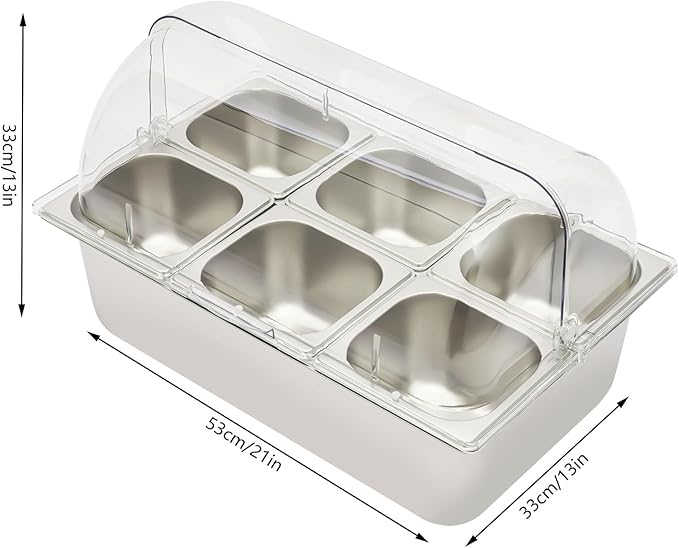 Ice Food Serving Display Tray, 3.59QT Stainless Steel Ice Serving Tray with Clear Roll Top Cover Condiment Dispenser Cooling Food Buffet Dishes