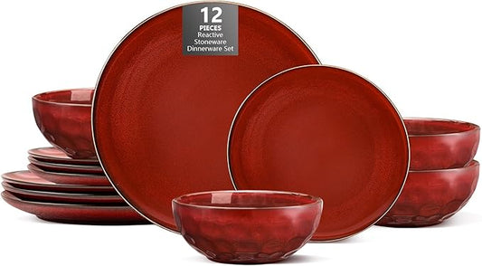 Vicrays 12-Piece Ceramic Dinnerware Set, Dinner Plates, Salad Plates & Cereal Bowls, Dish Set for 4, Microwave, Oven & Dishwasher Safe, Scratch Resistant, Cherry Red