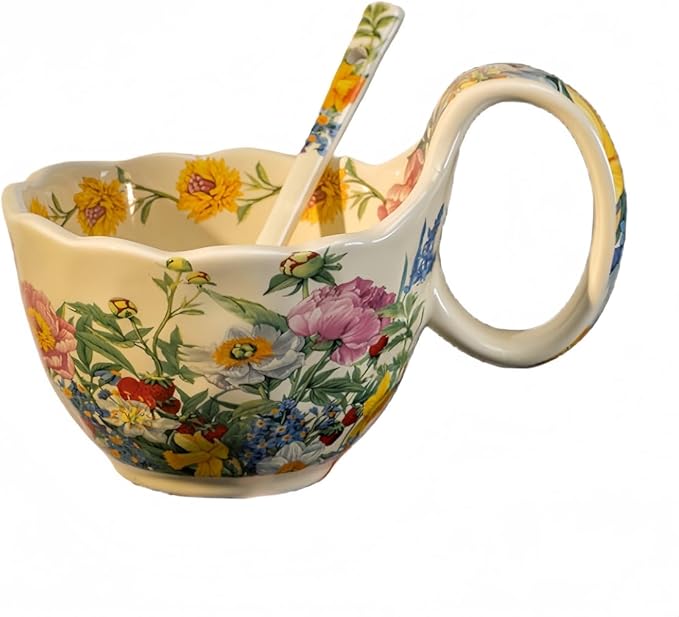 16.91oz/500ml Handpainted Soup Bowl with Handle,Ceramic Cereal Bowl Microwave &Dishwasher Safe,Loop Handle Bowl Great for Soup,Yogurt,Snack,Chip,Stew,Ice Cream,Coffee (Peony)