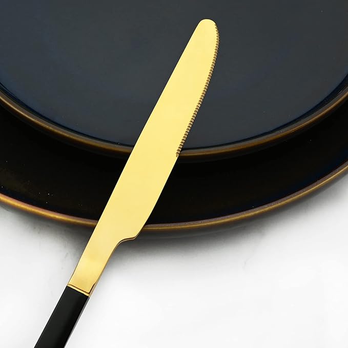 24 Piece Mirror Golden Plated 18/0 Stainless Steel Flatware Set, Black Handle With Golden Mouth Silverware Set With Teaspoon Cutlery Set Service for 6