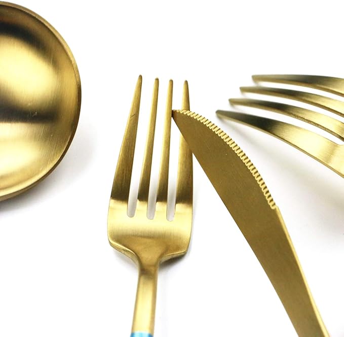 Gugrida Blue Gold Flatware, Royal 40 Pieces Matte Blue Handle 18/10 Stainless Steel Cutlery Sets for 8 Including Forks Spoons Knives, Camping Silverware Travel Utensils Set Tableware