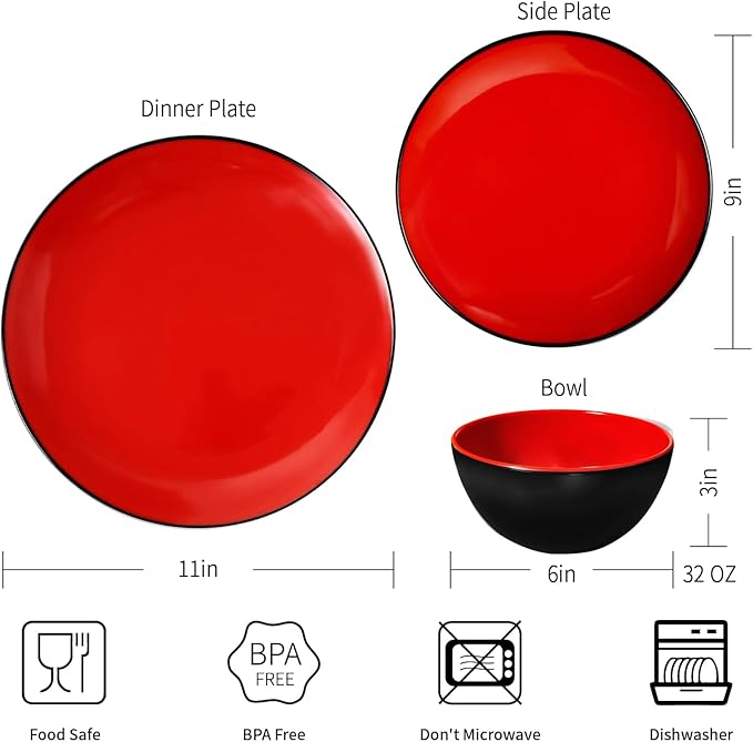 TP 12-Piece Dinnerware Set, Melamine Dishes Set with Bowls and Plates, Non-breakable and Lightweight Dinner Service for 4, Matt Black and Red