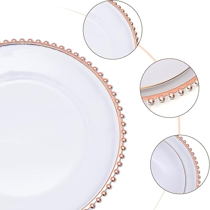 25 Pcs Clear Acrylic Round Charger Plates With Beaded Rim Plastic Charger Plate Bulk for Dinner Table Plate for Parties Wedding Décor Placemats,13in (25pcs-Pink-1)