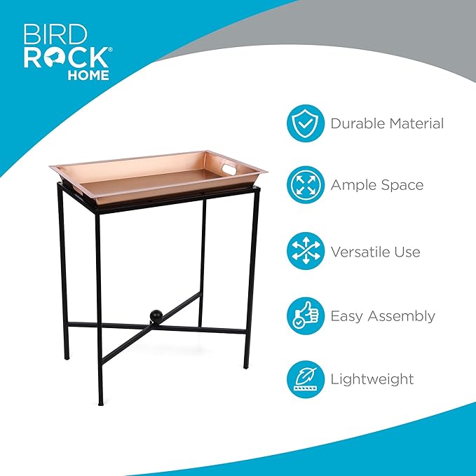 BIRDROCK HOME Butler Tray Table with Removable Top - Large Rectangle Metal Stand for Dessert, Appetizer, Food Platters, Entertaining - Ideal for Party, Buffet, Brunch - Black Iron Stand - Copper 25"