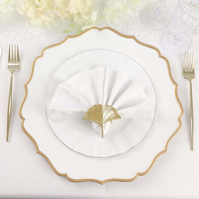 Efavormart 6 Pack | White & Gold 13" Round Scallop Rim Plastic Charger Plates, Tabletop Dinnerware Decor