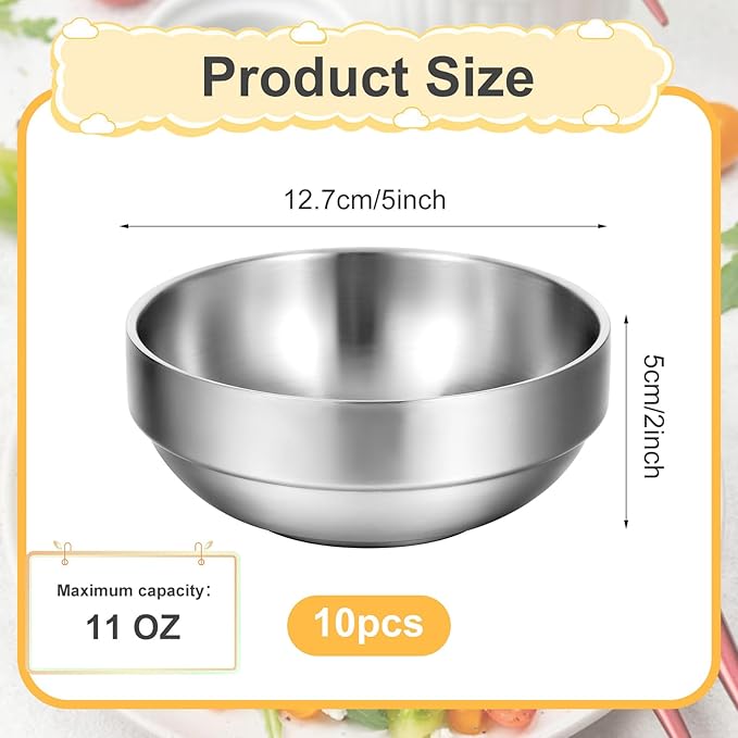 MAQUITA 10 Pack Stainless Steel Bowls 4.5 Inch Snacks 10 Oz Lightweight Salad Bowls Double-walled Metal Serving Dishes for Sauces, Rice, Noodle, Ice Cream