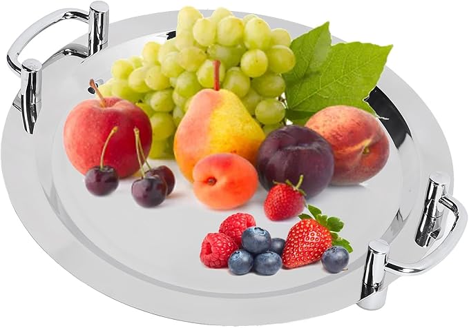 Stainless Steel Buffet Plate, Mirrored Silver Tray, Bright Mirror Finish Serving Tray with Handle for Hotel Restaurant Banquet (Square Length 43 cm) (Circular Diameter 40 cm)