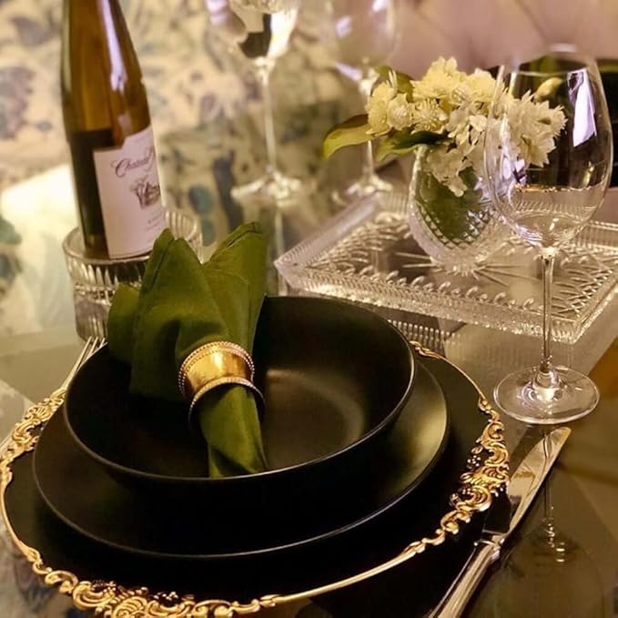 13" Charger Plates -Set of 24 - Acrylic Black Round Baroque Disposable Chargers Leaf Embossed Rim, Ideal for Dinner Party Wedding Bulk Events