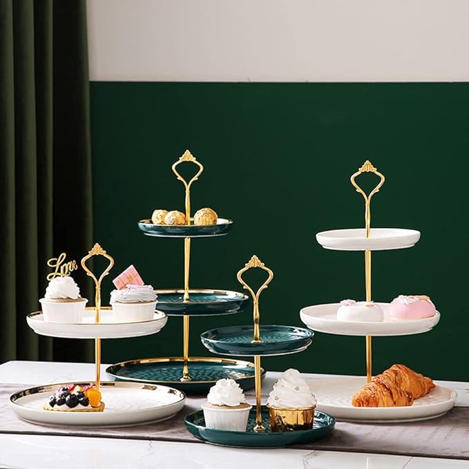 3 Tier Round Porcelain Tiered Cupcake Stand, Tiered Serving Stand, Dessert Stand, Serving Tray Platter for Tea Party, Wedding and Birthday (Green)