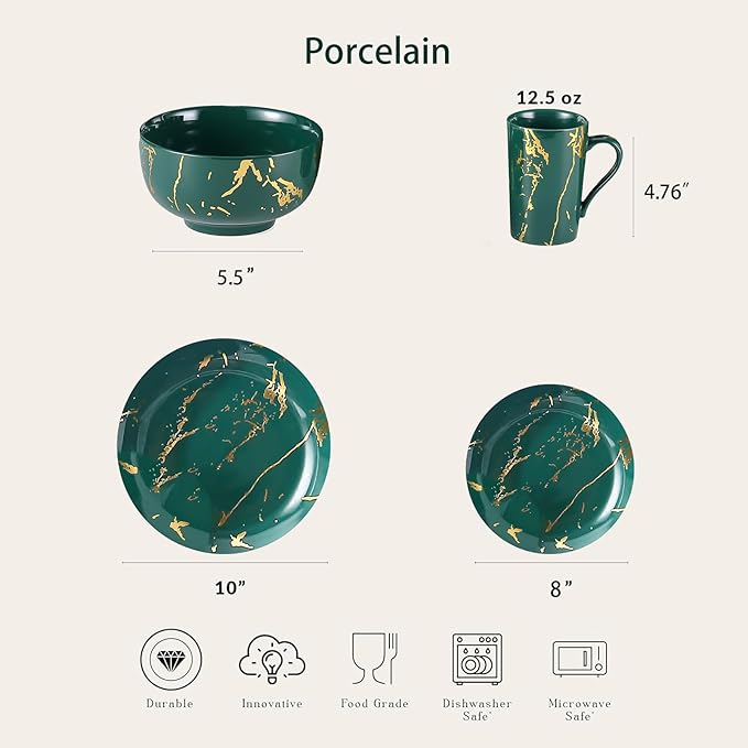 Modern Porcelain 16 Piece Green Dinnerware Set,Plates and Bowls Sets,Gold Dish Set for 4,Green Dinnerware Set,Dinner Sets with Dinner Plates.