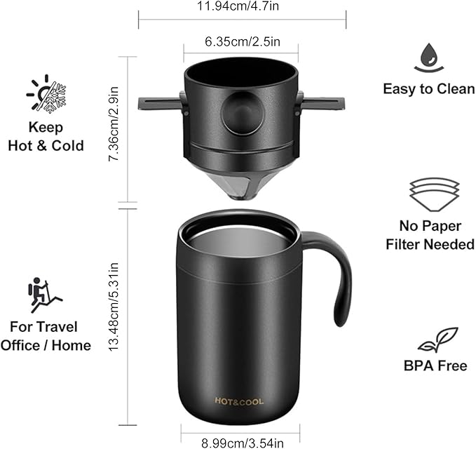 Irishom Portable Coffee Maker Stainless Steel Vacuum Insulated Travel Coffee Dripper Set Double Mesh Filter Foldable Design for Camping Office Backpacking (Black)