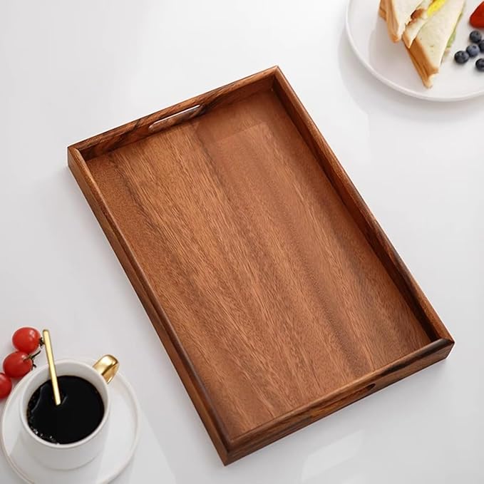 Wood Serving Tray with Handles Home Decorative Serving Trays Platter for Breakfast in Bed, Solid Wooden Serveware for Lunch, Dinner, Coffee Table, Used in Kitchen,Party and Outdoors.