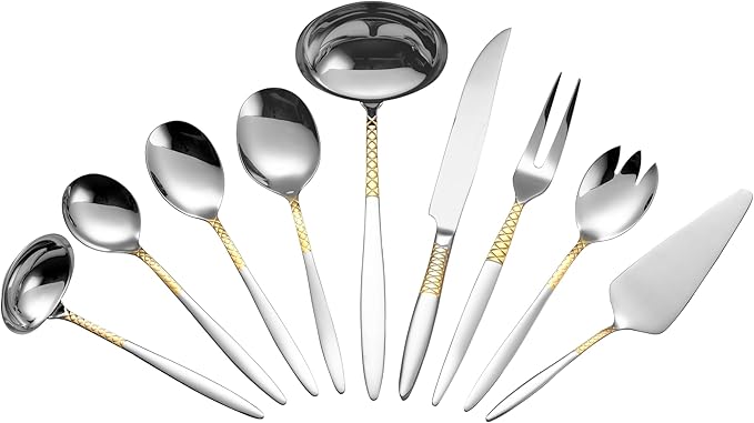 Lorren Home Trends 86 Piece 18/10 Stainless Steel and Gold Flatware Set, Service for 12, Chest included